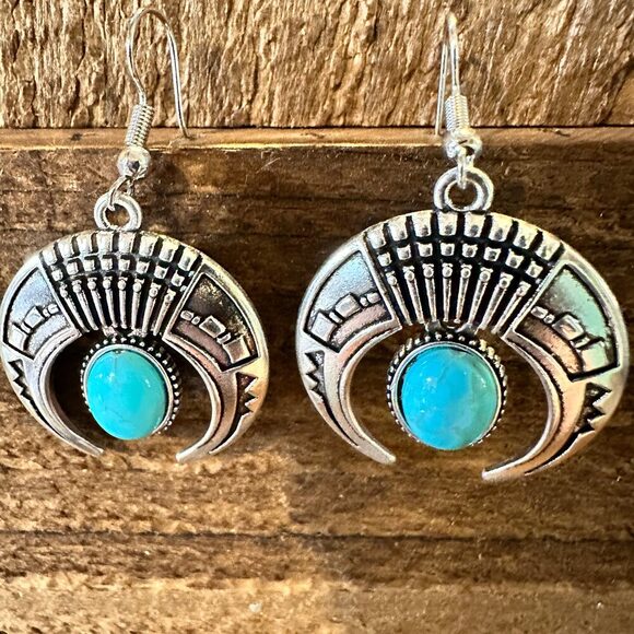 Turquoise Stone Bohemian Vintage Squash Droplet Dangle Earrings with Gift Box - Picture 4 of 8